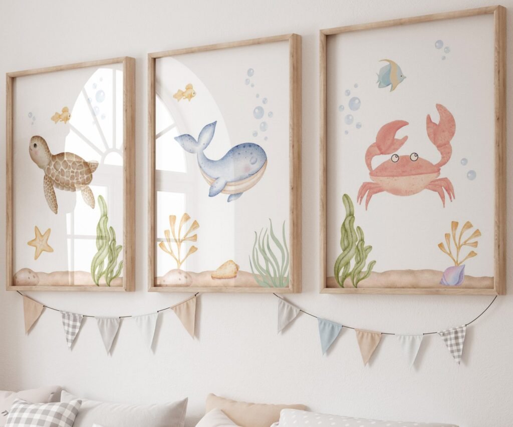set of 3 Under the Sea Nursery Prints, Nautical Ocean Animal Posters, Boy Nursery Prints Set, Sea Animal Wall Art, Playroom Decor