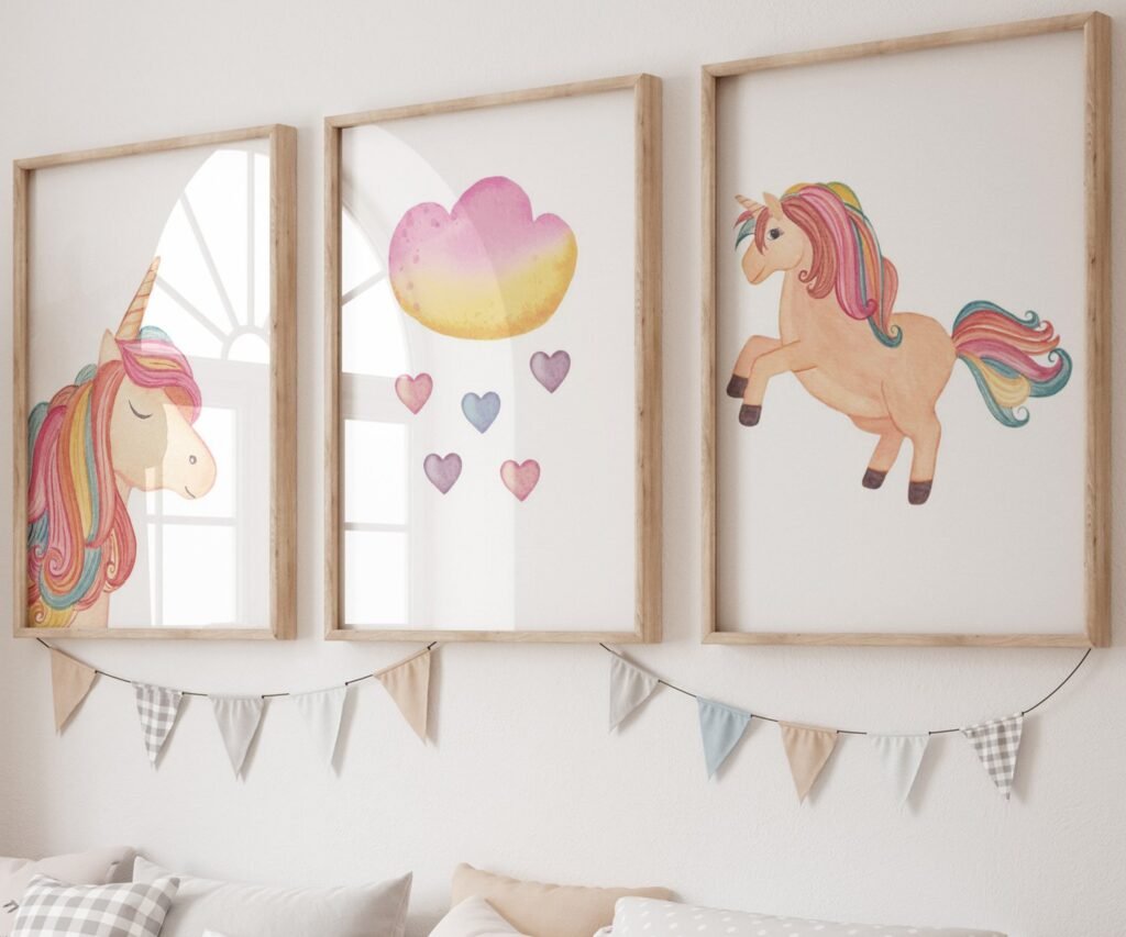 set of 3 Unicorn wall art set, Printable unicorn art, Girls room decor, Unicorn gold glitter, Unicorn prints,cloud rainbow