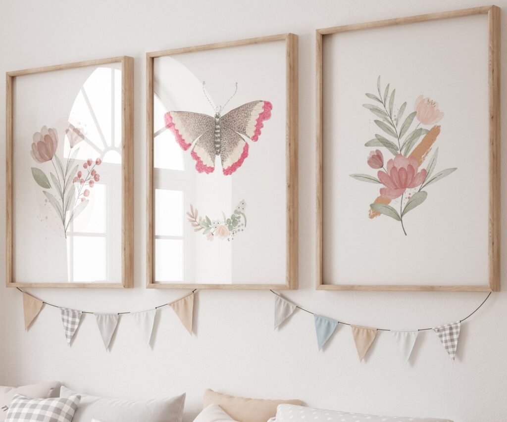 Boho butterflies, nursery printable art, Blush pink girls print, girl's room decor, vintage decor, boho girl's nursery, butterflies wall art set of 3