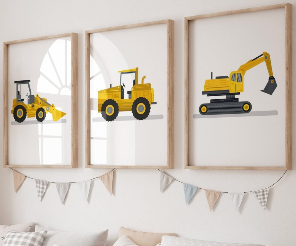 set of 3 Vehicle Prints, Construction Wall Art, Transportation Print Nursery, Kids Gallery Wall Set, Truck Wall Art, Nursery Truck Prints