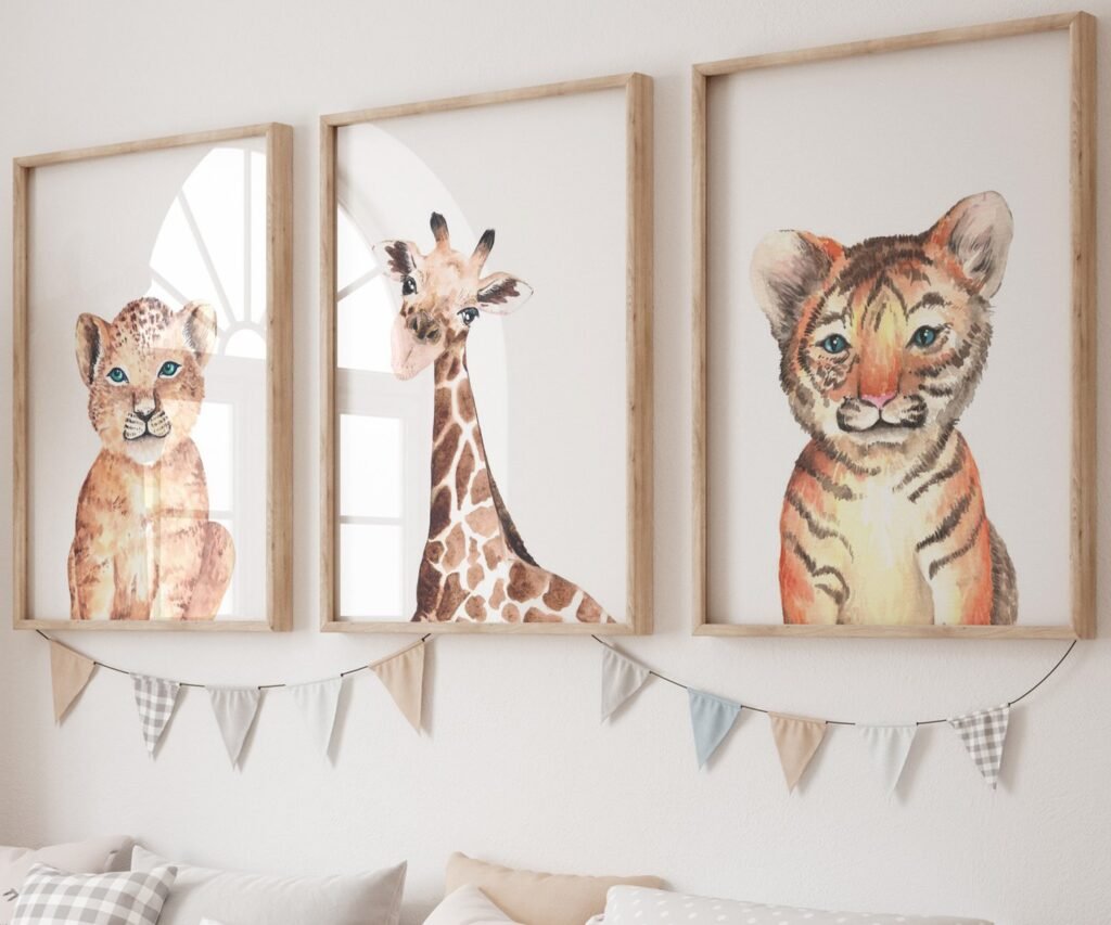 Lion tiger monkey giraffe elephant set of 3, Woodland Baby Animal Posters
