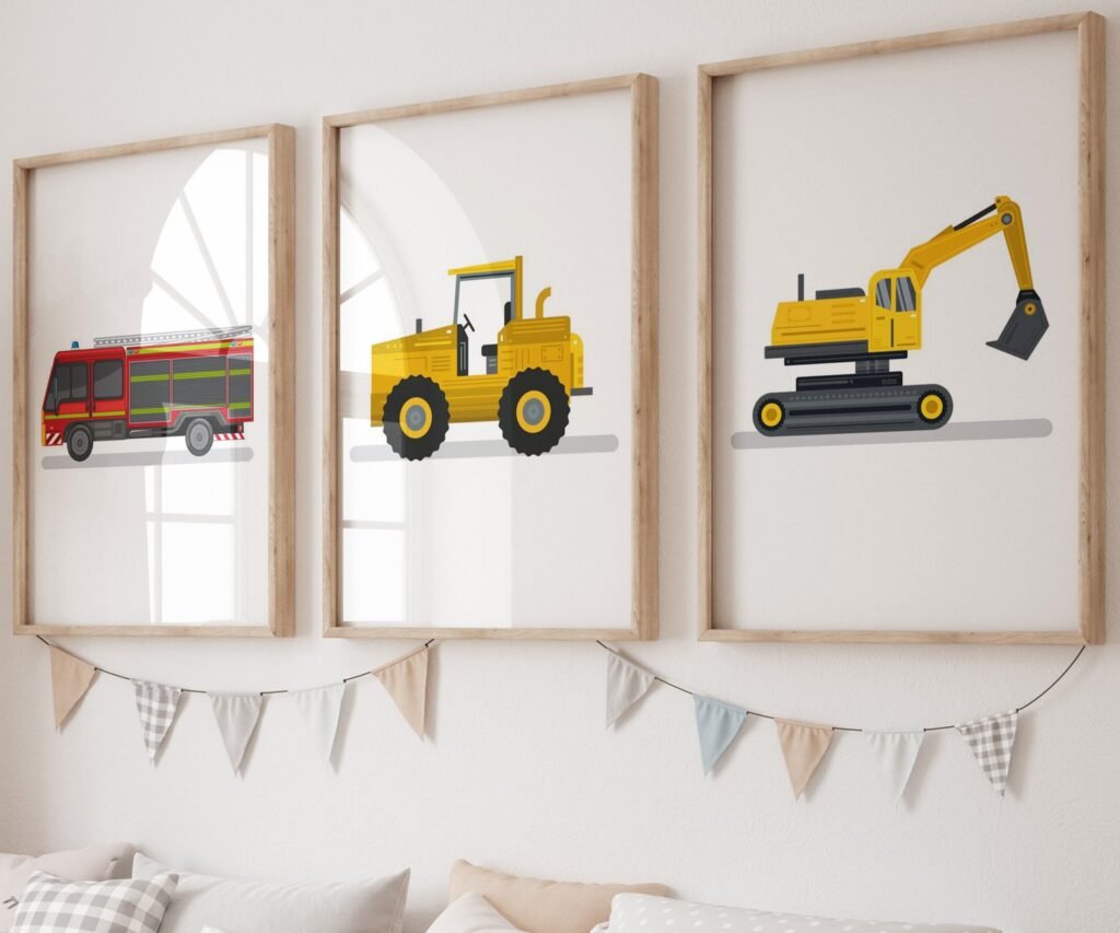 set of 3 Vehicle Prints, Construction Wall Art, Transportation Print Nursery, Kids Gallery Wall Set, Truck Wall Art, Nursery Truck Prints