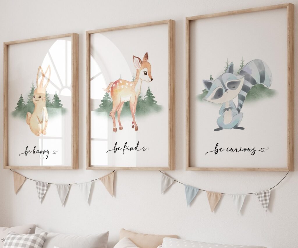 Bear, Fox, owl, rabbit Woodland Nursery Prints, Woodland Nursery Decor, Forest set of 3