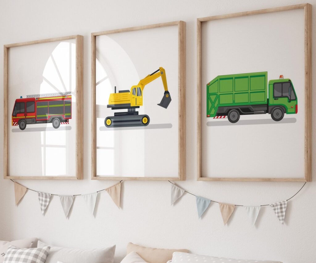 set of 3 Vehicle Prints, Construction Wall Art, Transportation Print Nursery, Kids Gallery Wall Set, Truck Wall Art, Nursery Truck Prints