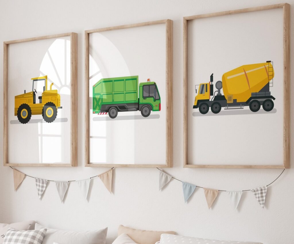 set of 3 Vehicle Prints, Construction Wall Art, Transportation Print Nursery, Kids Gallery Wall Set, Truck Wall Art, Nursery Truck Prints