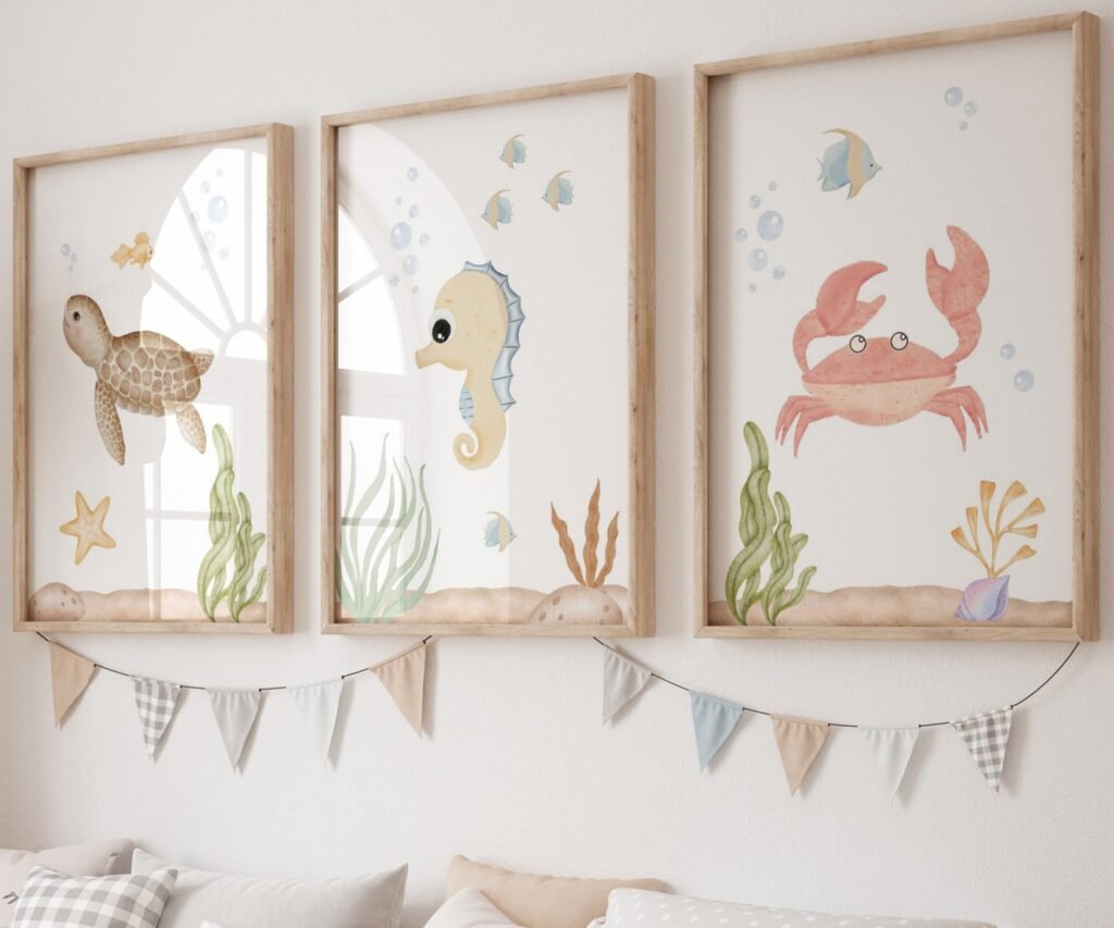 set of 3 Under the Sea Nursery Prints, Nautical Ocean Animal Posters, Boy Nursery Prints Set, Sea Animal Wall Art, Playroom Decor
