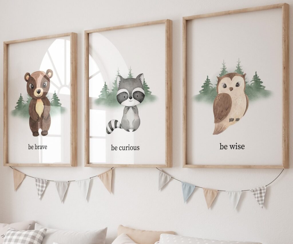 set of 3 Woodland Nursery wall art, Bear Wall art, Forest nursery- Nursery Prints Watercolor Woodland