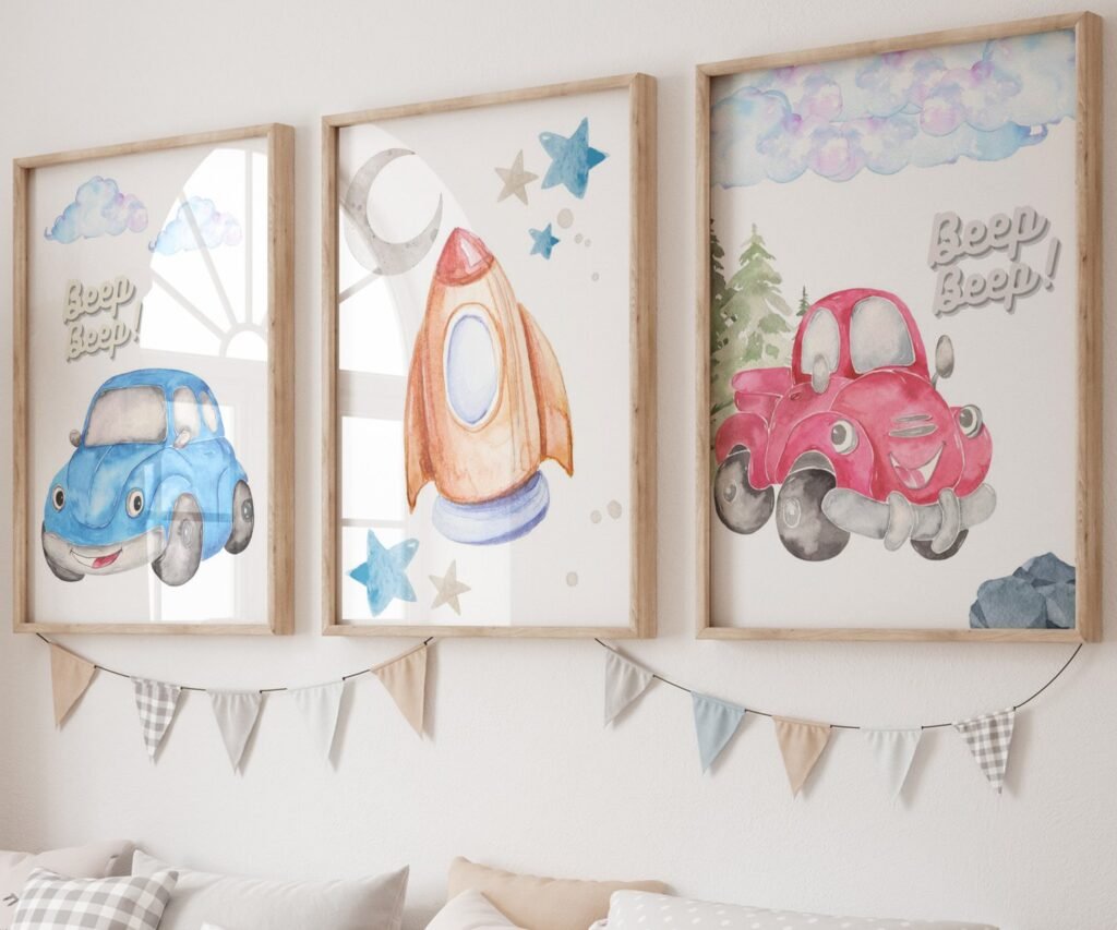 Car Nursery,Train, Rocket, Plane, transportation set of 3