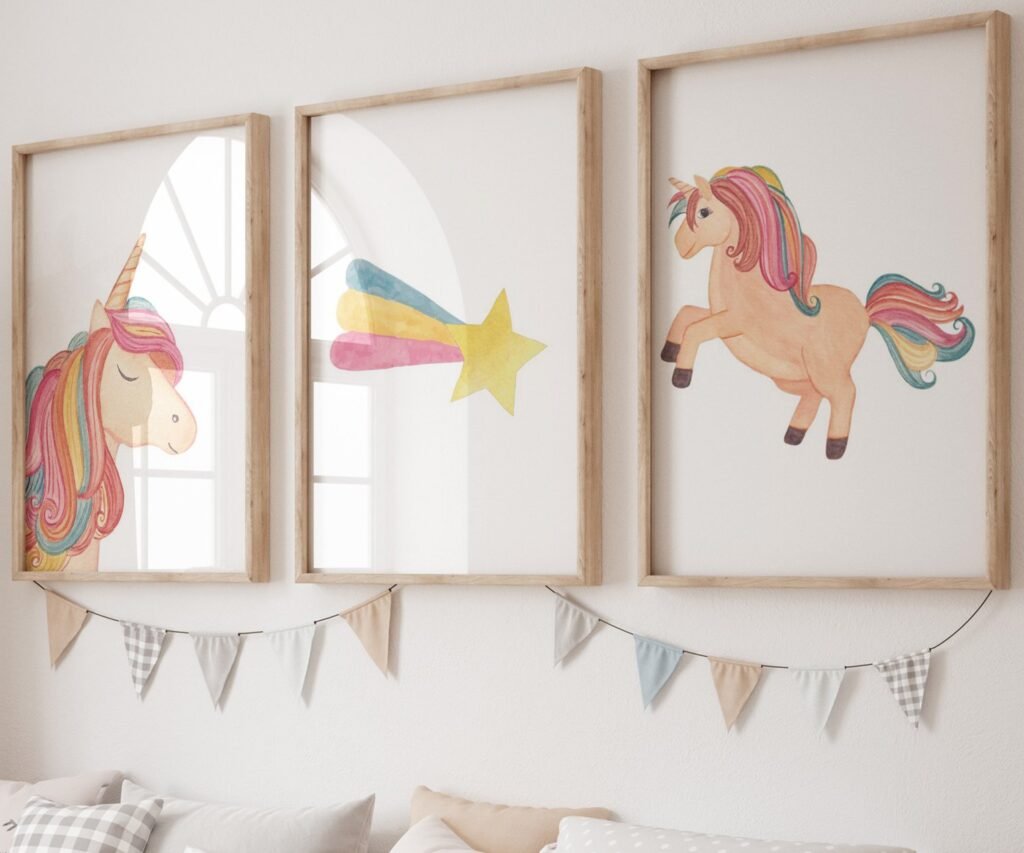 set of 3 Unicorn wall art set, Printable unicorn art, Girls room decor, Unicorn gold glitter, Unicorn prints,cloud rainbow