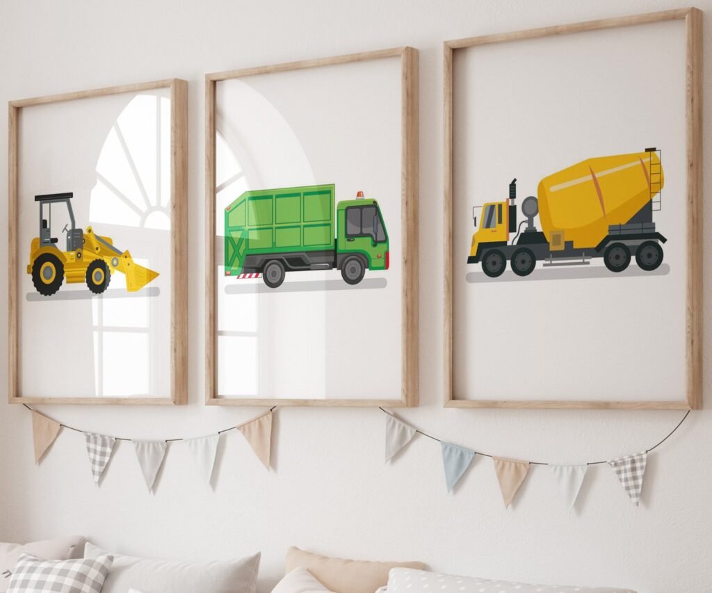 set of 3 Vehicle Prints, Construction Wall Art, Transportation Print Nursery, Kids Gallery Wall Set, Truck Wall Art, Nursery Truck Prints