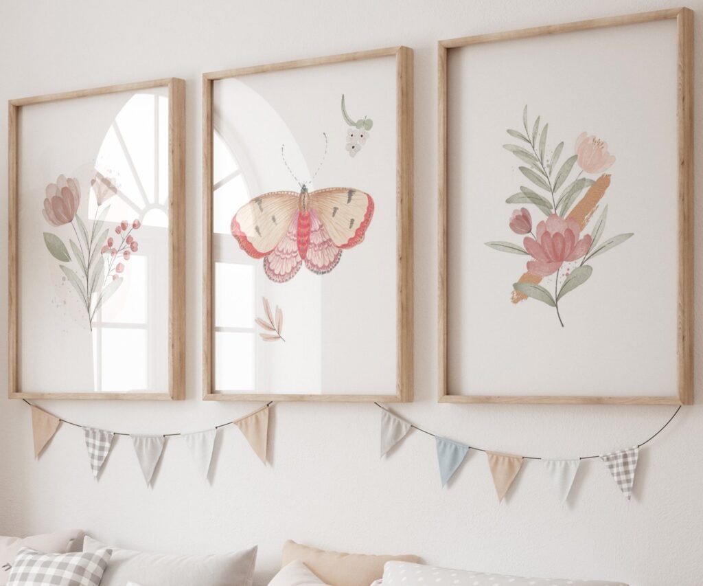 Boho butterflies, nursery printable art, Blush pink girls print, girl's room decor, vintage decor, boho girl's nursery, butterflies wall art set of 3