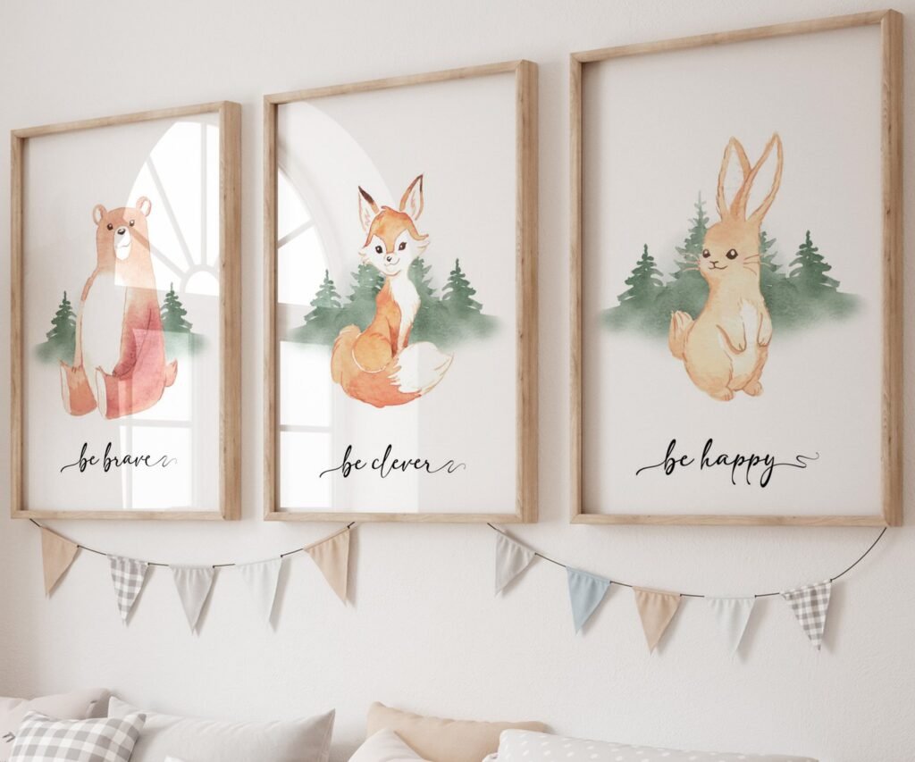 Bear, Fox, owl, rabbit Woodland Nursery Prints, Woodland Nursery Decor, Forest set of 3
