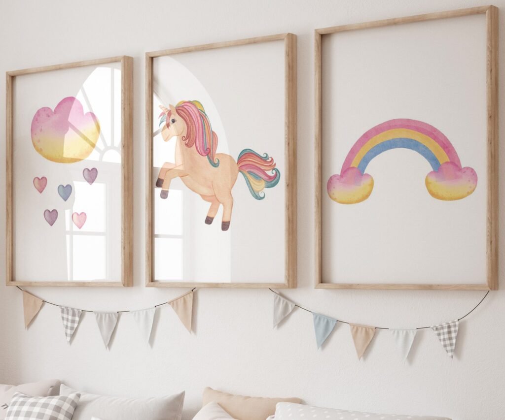 set of 3 Unicorn wall art set, Printable unicorn art, Girls room decor, Unicorn gold glitter, Unicorn prints,cloud rainbow