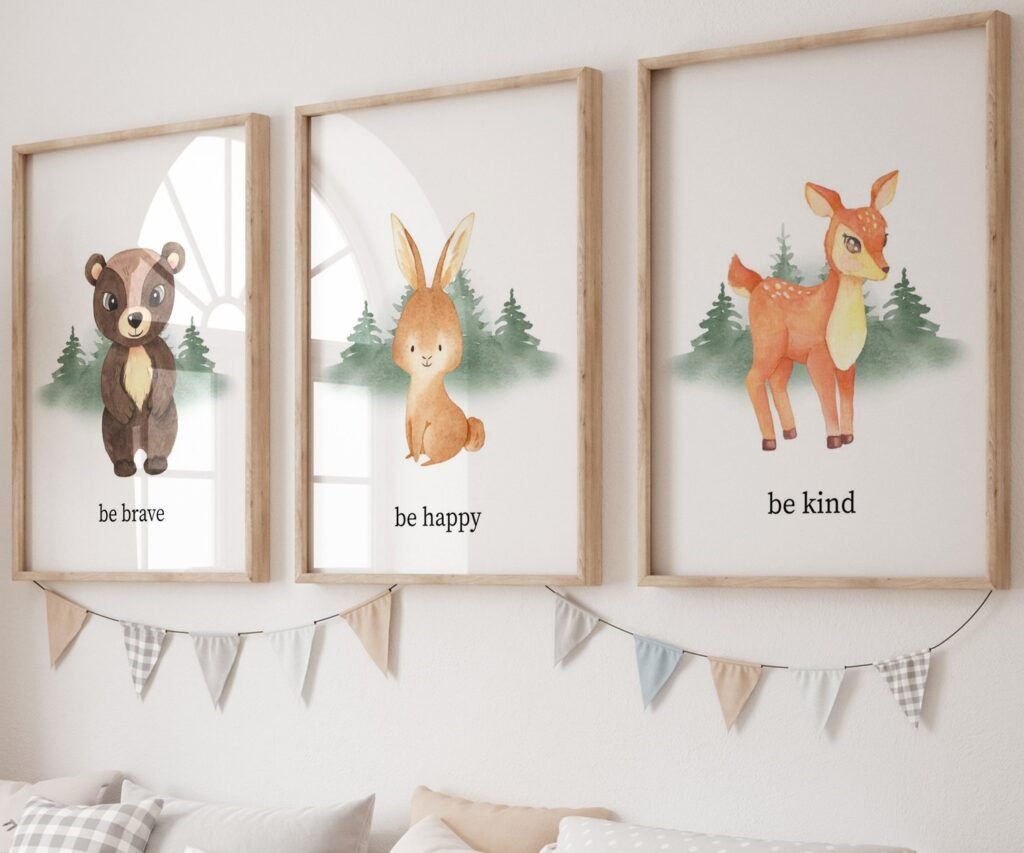 set of 3 Woodland Nursery wall art, Bear Wall art, Forest nursery- Nursery Prints Watercolor Woodland