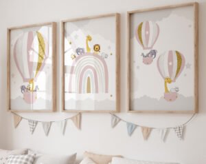 Safari nursery print pink girl elephant giraffe