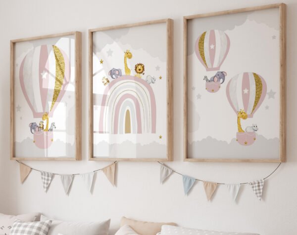 Safari nursery print pink girl elephant giraffe