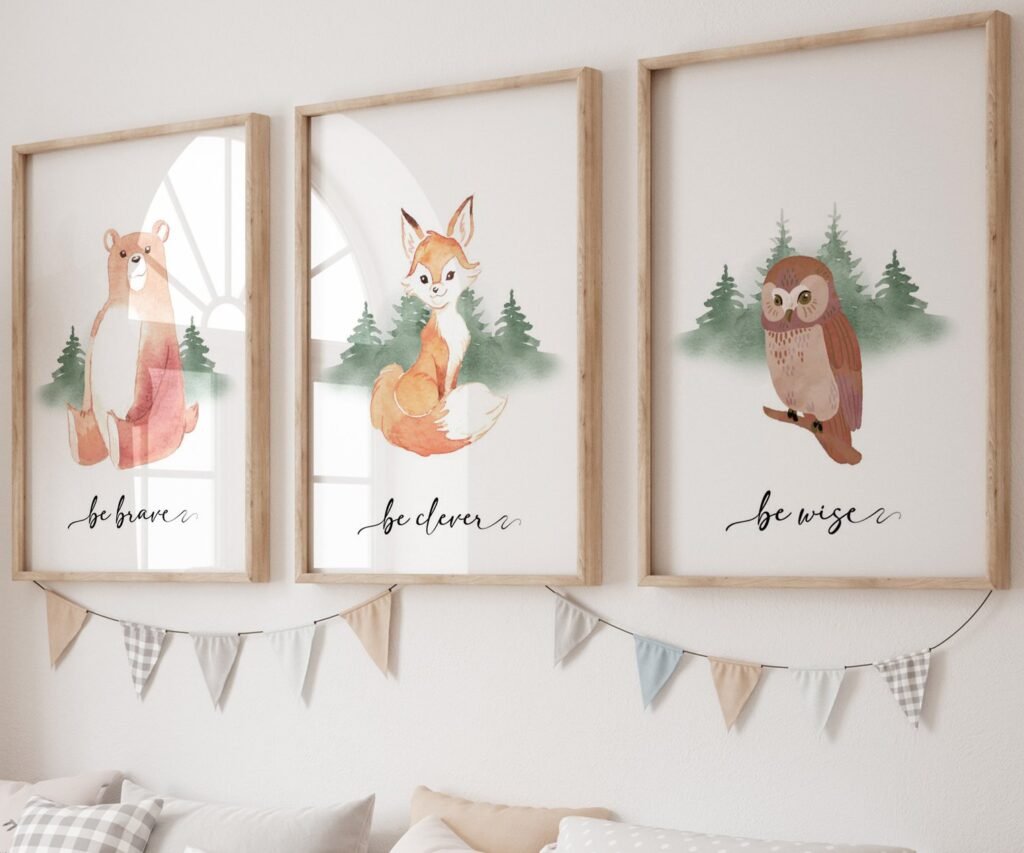 Bear, Fox, owl, rabbit Woodland Nursery Prints, Woodland Nursery Decor, Forest set of 3