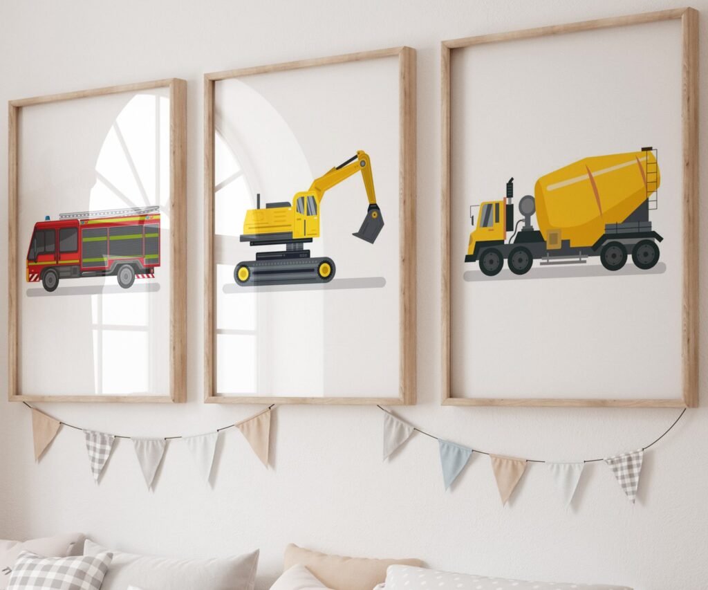 set of 3 Vehicle Prints, Construction Wall Art, Transportation Print Nursery, Kids Gallery Wall Set, Truck Wall Art, Nursery Truck Prints