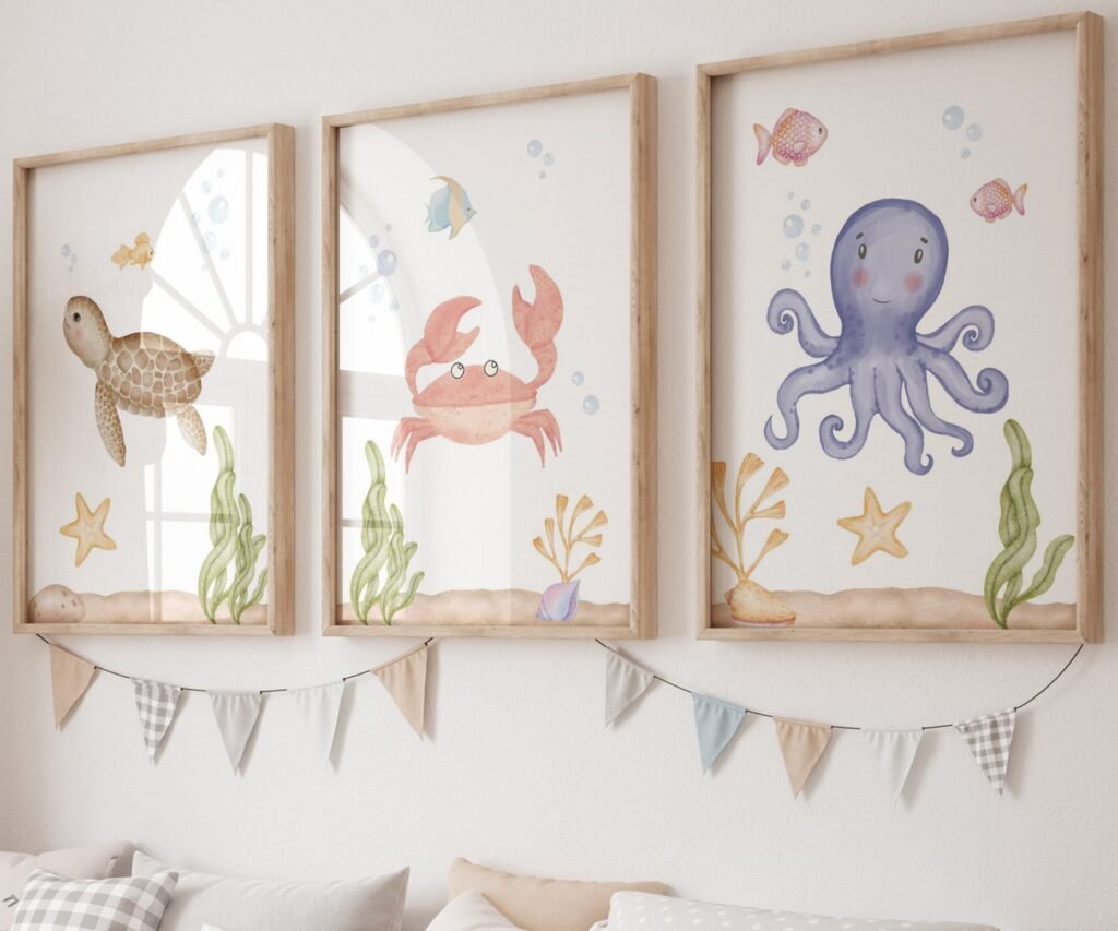 set of 3 Under the Sea Nursery Prints, Nautical Ocean Animal Posters, Boy Nursery Prints Set, Sea Animal Wall Art, Playroom Decor