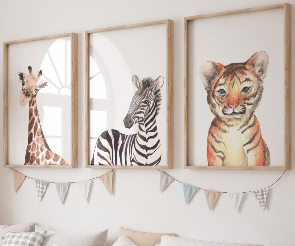 Lion tiger monkey giraffe elephant set of 3, Woodland Baby Animal Posters