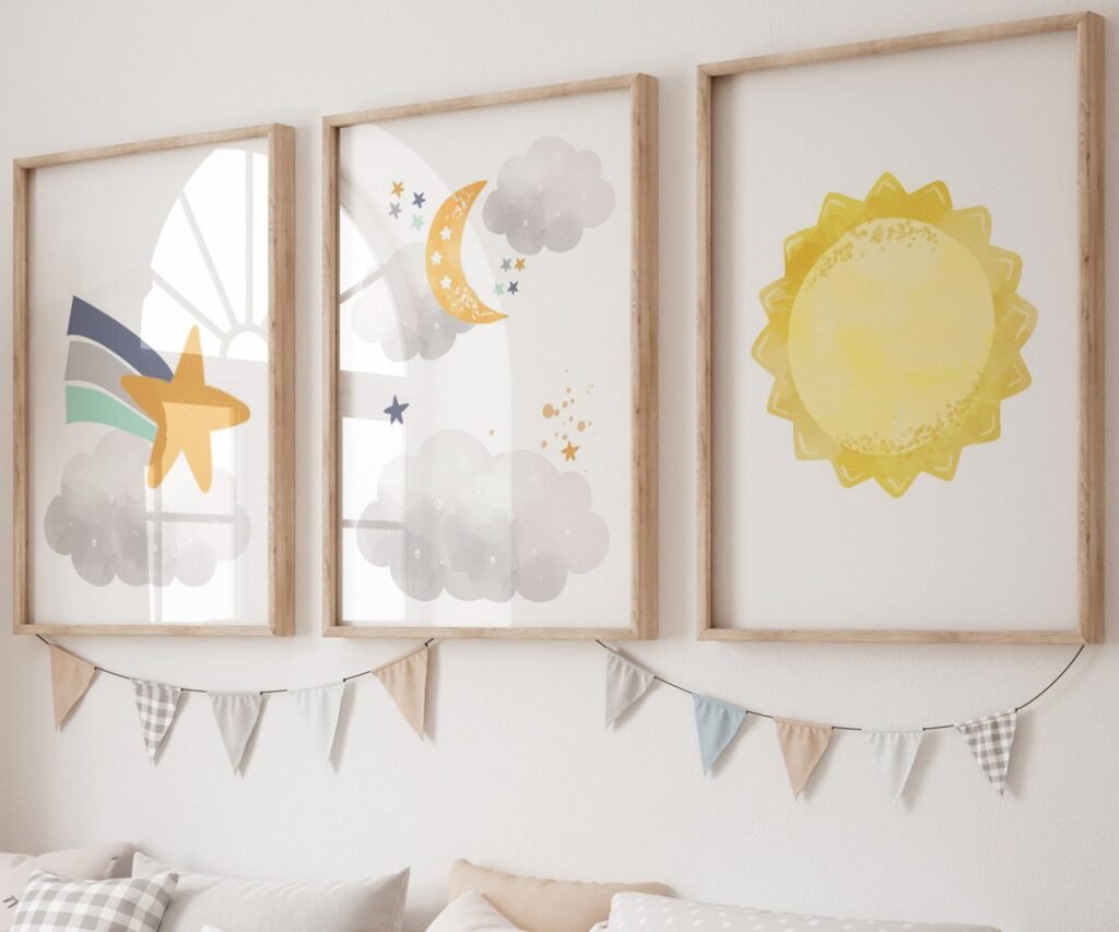 Neutral nursery print set, Space, Earthy tones, planet set of 3