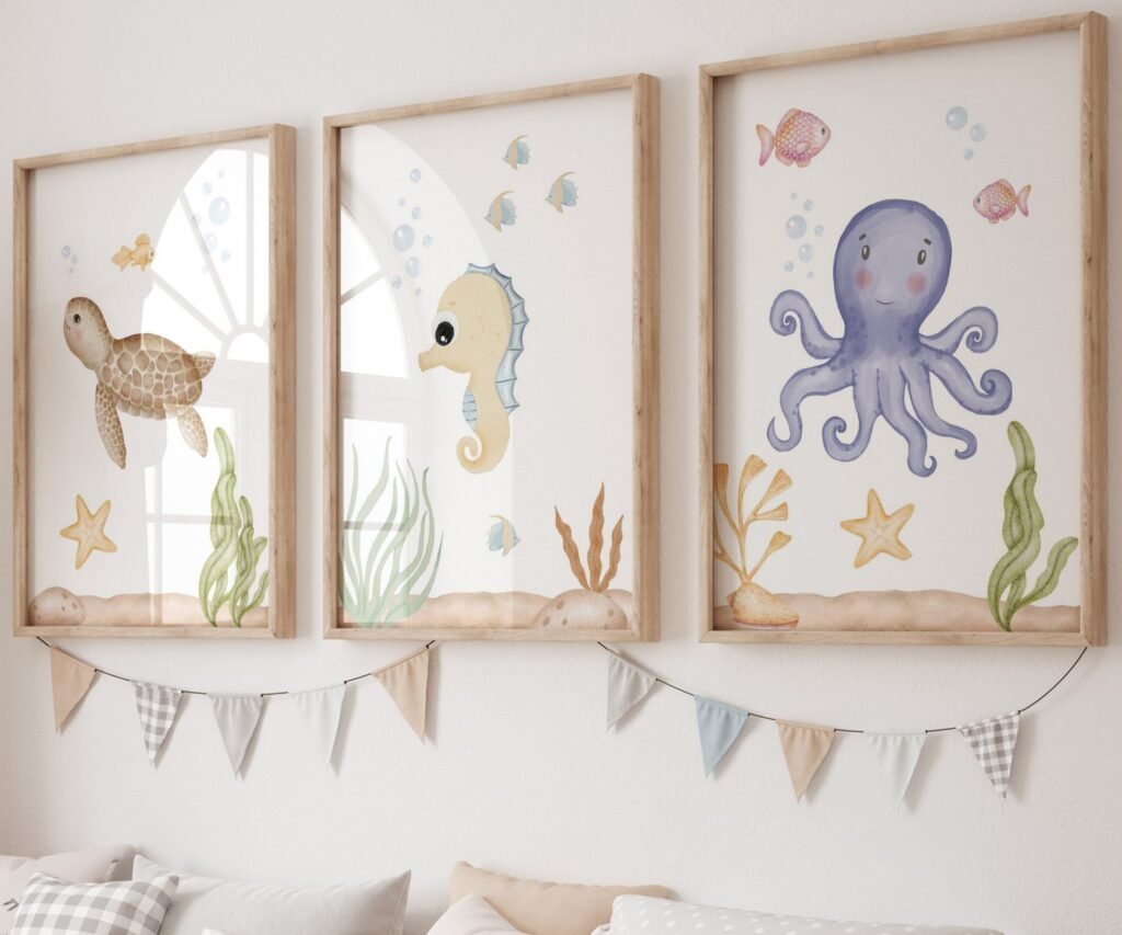 set of 3 Under the Sea Nursery Prints, Nautical Ocean Animal Posters, Boy Nursery Prints Set, Sea Animal Wall Art, Playroom Decor