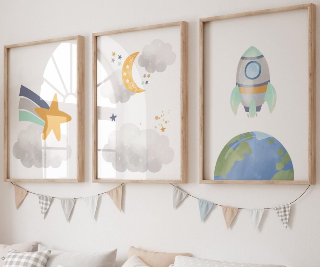 Neutral nursery print set, Space, Earthy tones, planet set of 3