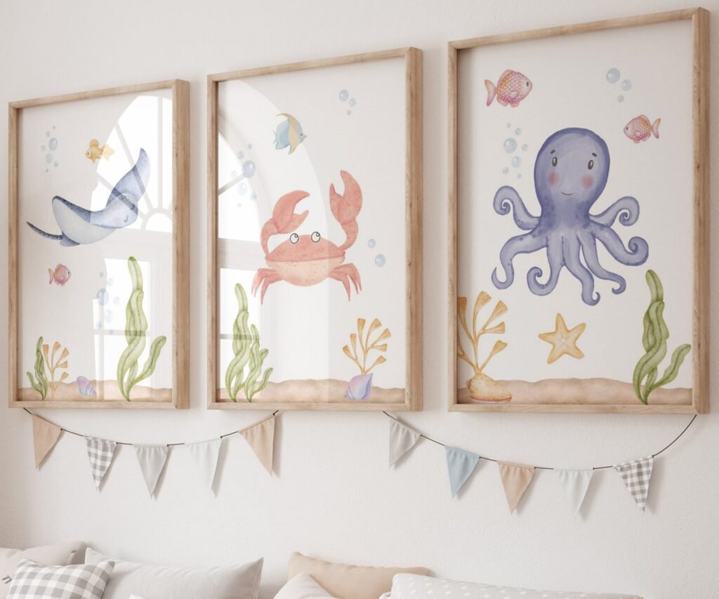set of 3 Under the Sea Nursery Prints, Nautical Ocean Animal Posters, Boy Nursery Prints Set, Sea Animal Wall Art, Playroom Decor