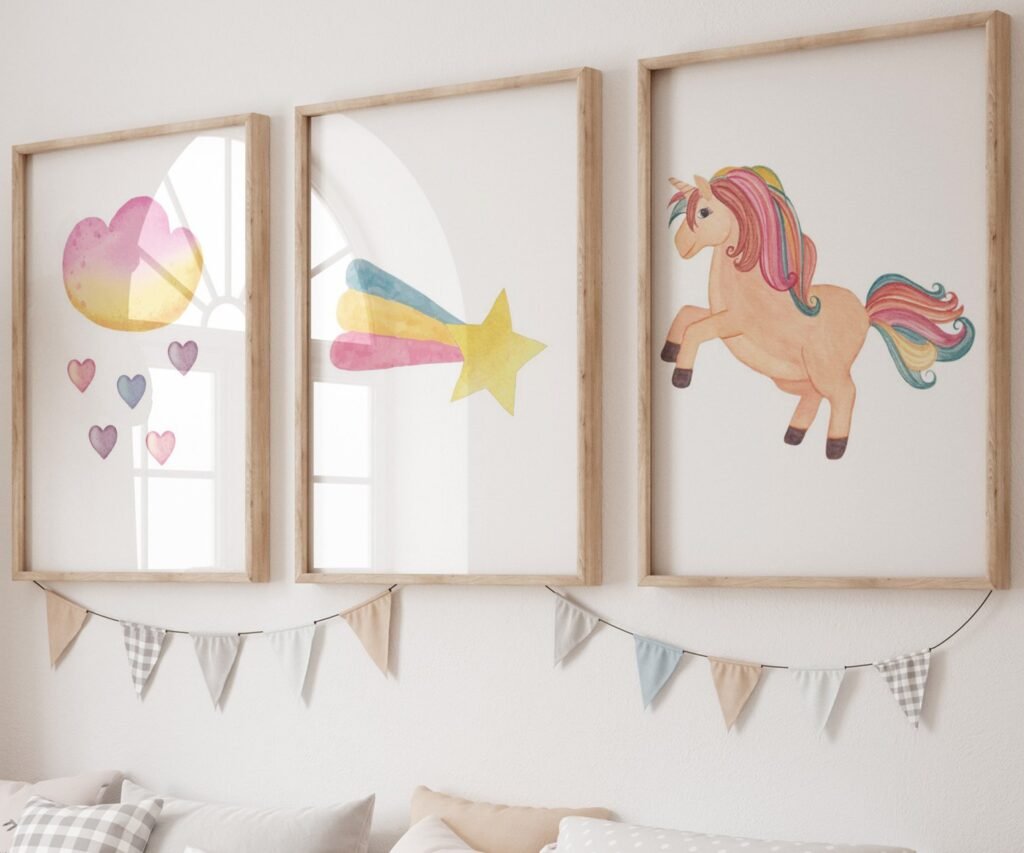 set of 3 Unicorn wall art set, Printable unicorn art, Girls room decor, Unicorn gold glitter, Unicorn prints,cloud rainbow