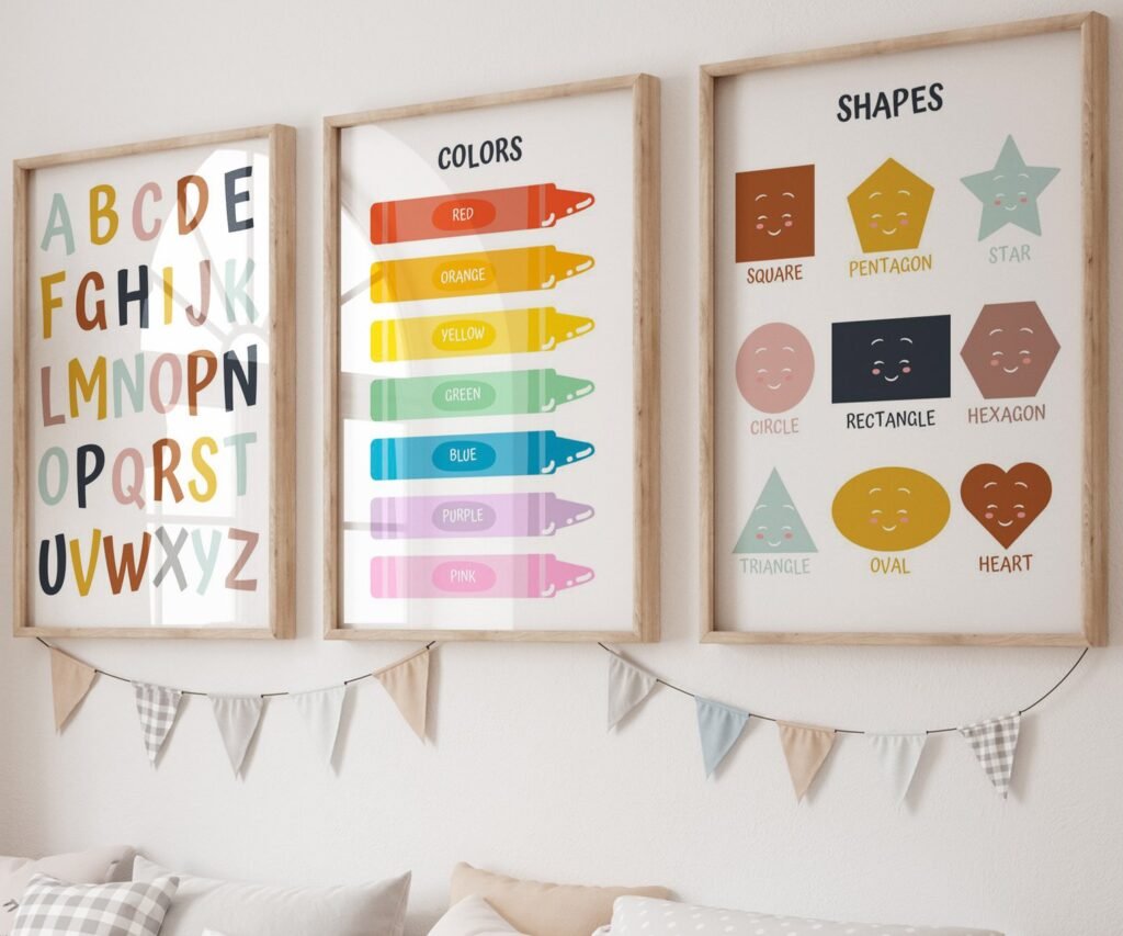 Kids Wall Art, Children's Wall Art, Nursery set of 3 Prints, Educational Wall Art, Alphabet, Numbers, Colours, Shapes , Classroom print