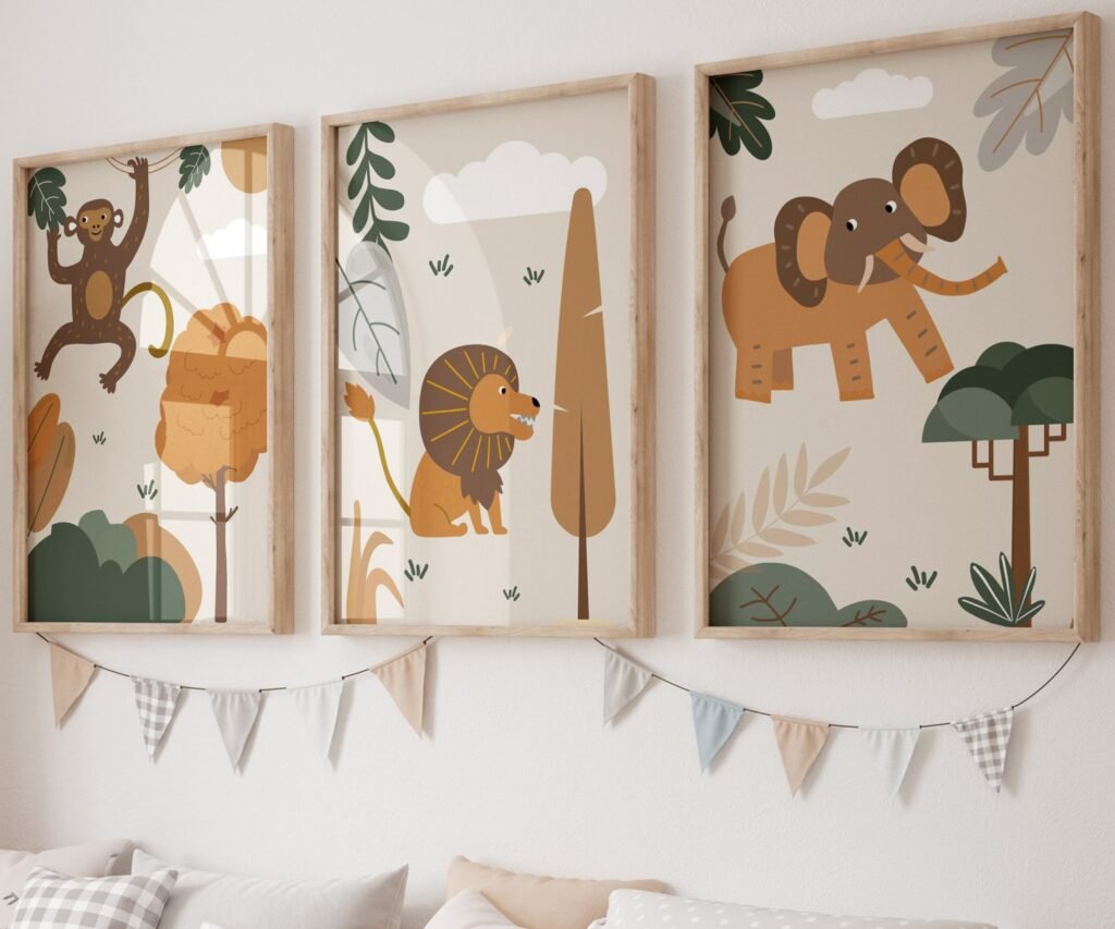 set of 3 Safari Nursery Wall Prints, Boho Nursery Prints, Green Nursery, Boho Nursery Wall Art, Nursery Decor, Set of Nursery Prints, Safari
