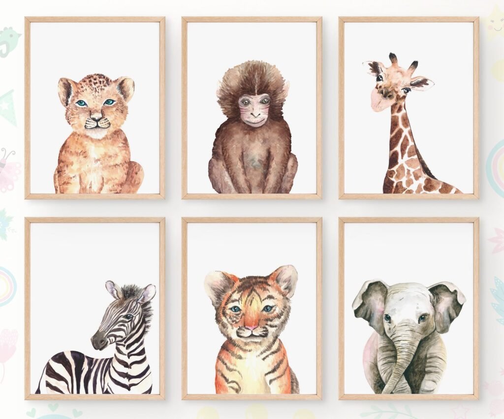 Lion tiger monkey giraffe elephant Set of 6, Woodland Baby Animal Posters
