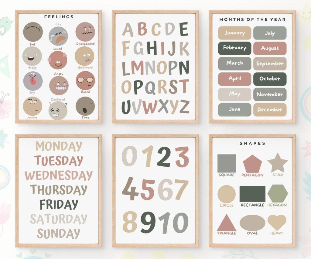 Feeling ,ABC, shape, month of the year, Educational Posters, Homeschool Prints, Montessori Classroom Set of 6
