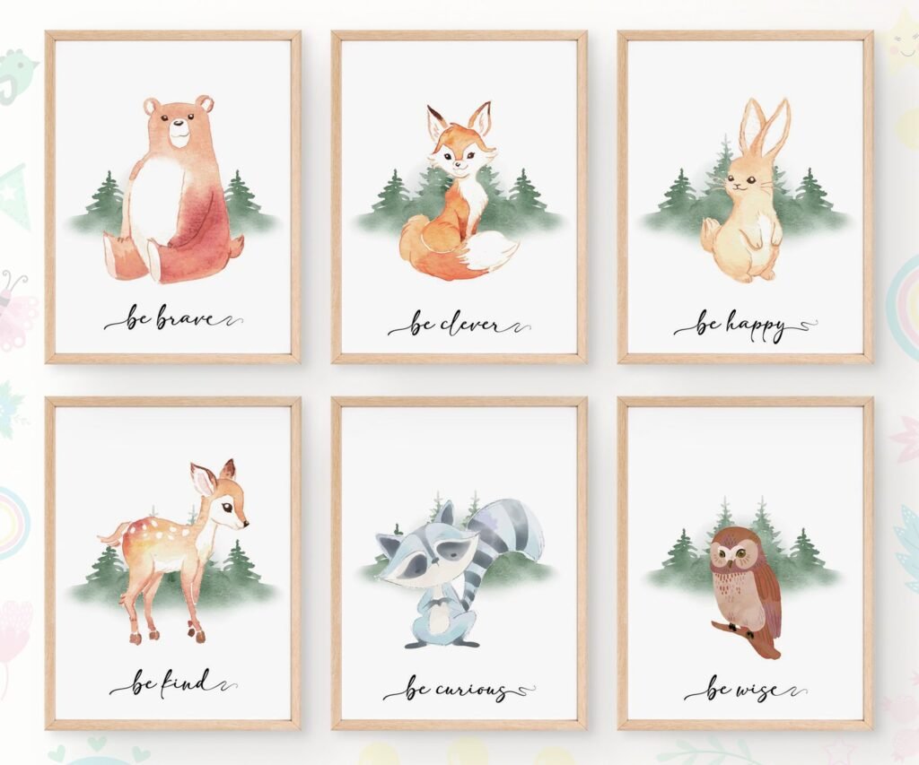 Bear, Fox, owl, rabbit Woodland Nursery Prints, Woodland Nursery Decor, Forest set of 6