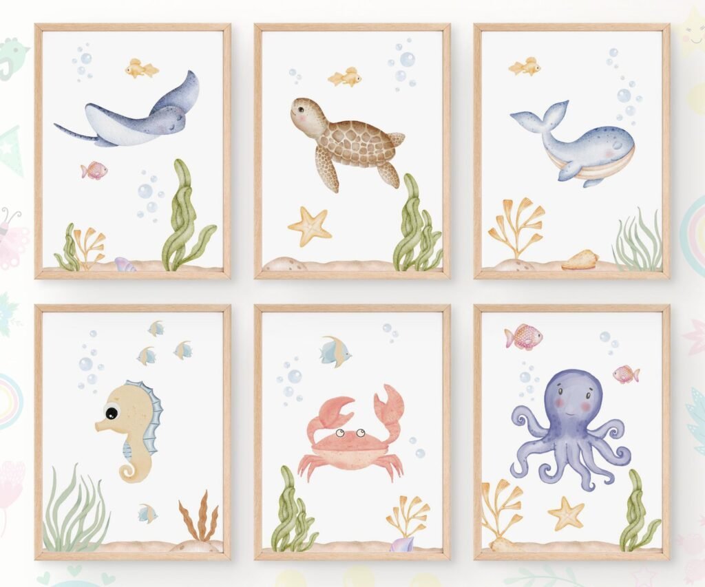 Set of 6 Under the Sea Nursery Prints, Nautical Ocean Animal Posters, Boy Nursery Prints Set, Sea Animal Wall Art, Playroom Decor