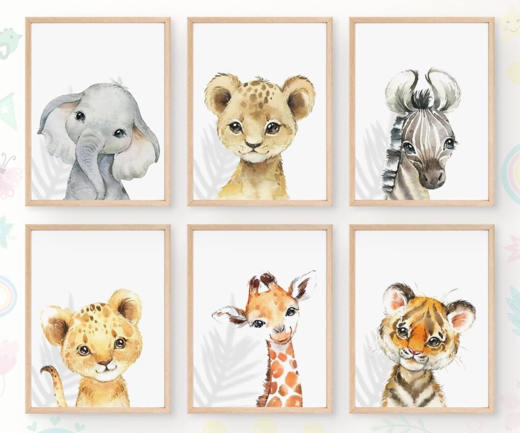 set of 6 Safari baby animal prints, Safari Animal prints, Watercolor animal prints, Safari nursery decor , Safari Jungle animals, Baby nursery