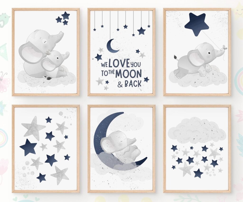 Nursery decor boy elephant, nursery wall art boy set of 6