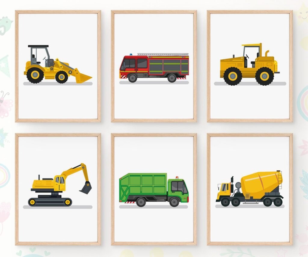 Set of 6 Vehicle Prints, Construction Wall Art, Transportation Print Nursery, Kids Gallery Wall Set, Truck Wall Art, Nursery Truck Prints