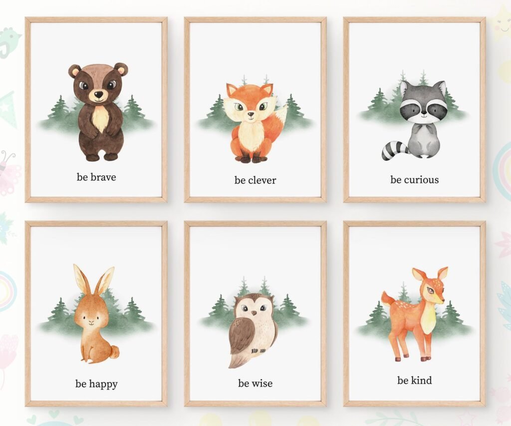 set of 6 Woodland Nursery wall art, Bear Wall art, Forest nursery- Nursery Prints Watercolor Woodland