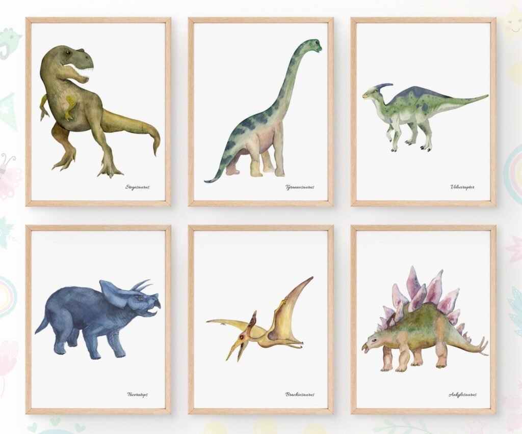 Set of 6 Dinosaur Art Prints, Kids Gallery Wall Set, Dinosaur Wall Art, Dinosaur Nursery, Boys Room Dinosaur Decor, Kids Room Wall Art Dinos