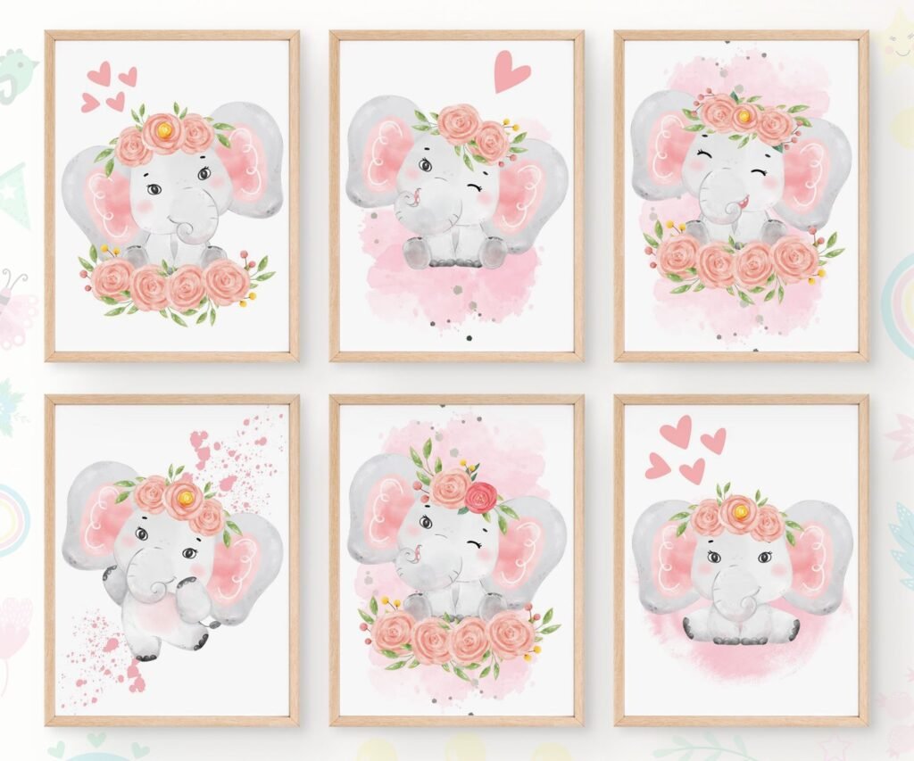 Pink Gray Girl Elephant nursery set of 6