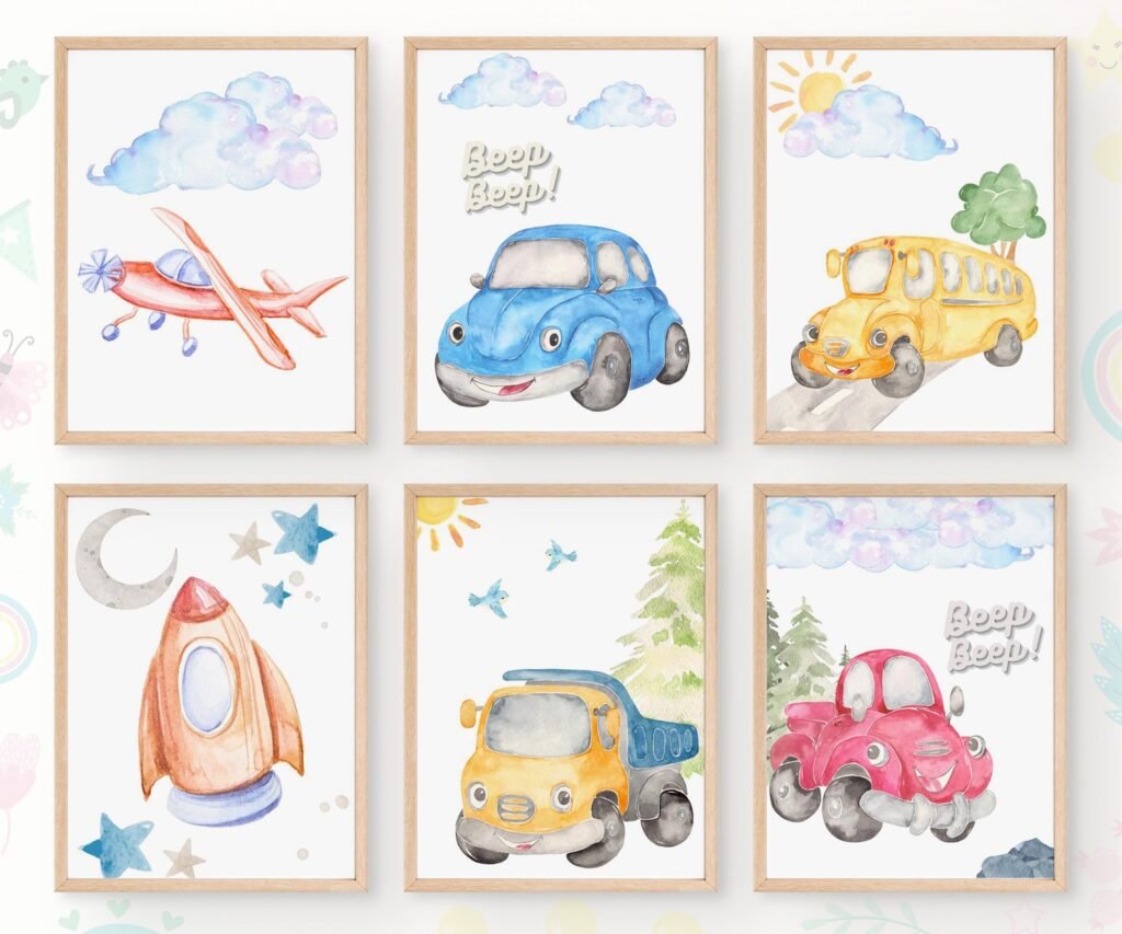 Car Nursery,Train, Rocket, Plane, transportation Set of 6