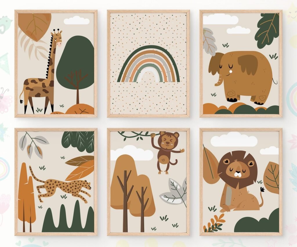 Nursery Wall Prints, set of 6 Safari, Boho Nursery Prints, Green Nursery Prints, Boho Nursery Wall Art, Nursery Decor, Set of Nursery Prints, Safari