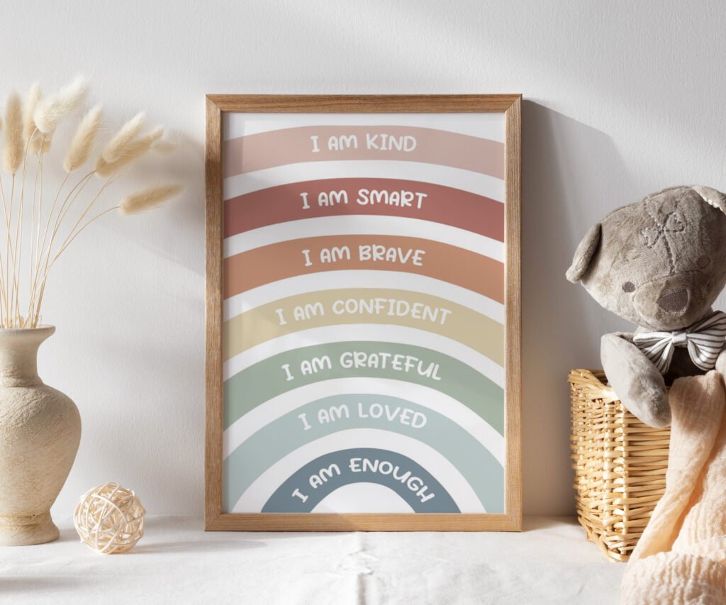Affirmations for Kids, Rainbow Affirmations Print, I am Kind Smart Loved, Boho Inspirational Nursery Decor set of 1