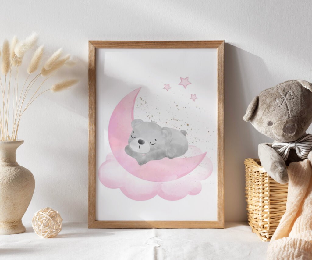 Animal nursery, nursery decor girl pink gray, nursery decor girl woodland animals, bear, elephant, giraffe, baby girl set of 1