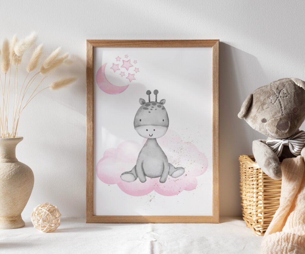 Animal nursery, nursery decor girl pink gray, nursery decor girl woodland animals, bear, elephant, giraffe, baby girl set of 1