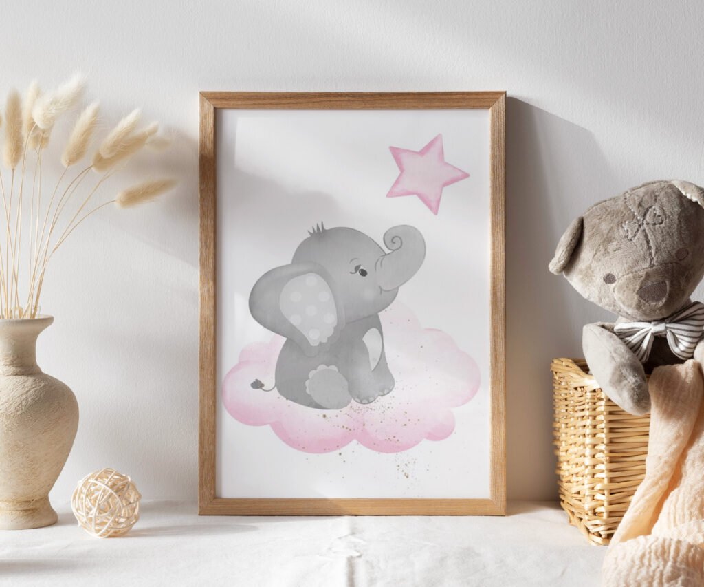 Animal nursery, nursery decor girl pink gray, nursery decor girl woodland animals, bear, elephant, giraffe, baby girl set of 1