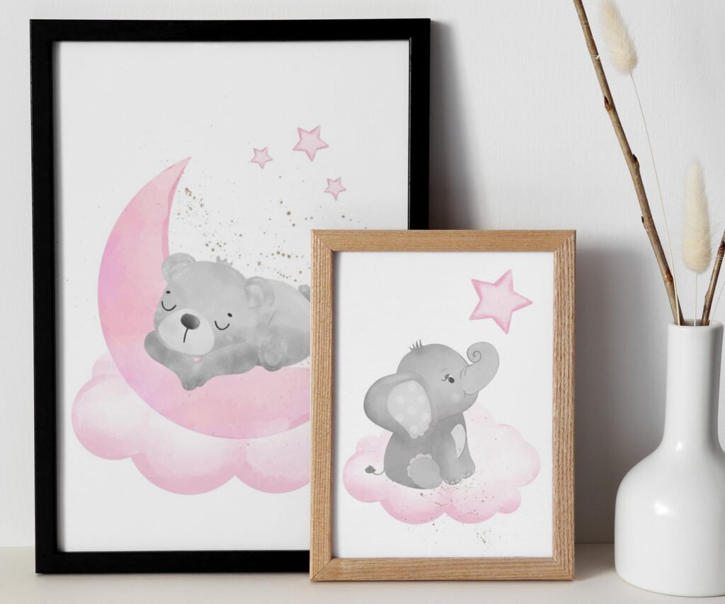 Animal nursery, nursery decor girl pink gray, nursery decor girl woodland animals, bear, elephant, giraffe, baby girl set of 2