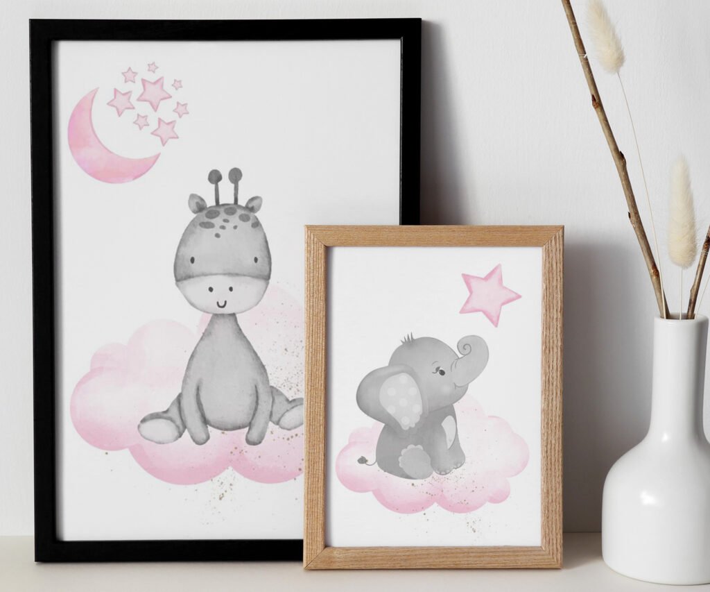 Animal nursery, nursery decor girl pink gray, nursery decor girl woodland animals, bear, elephant, giraffe, baby girl set of 2