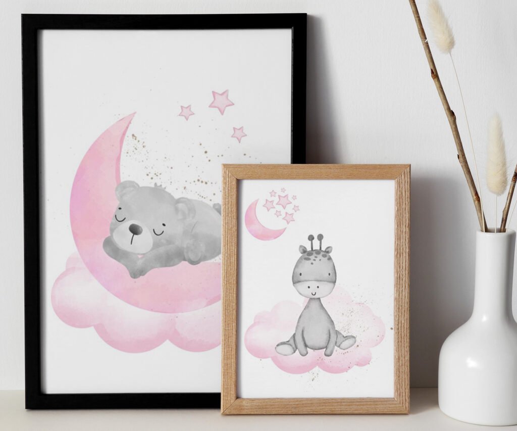 Animal nursery, nursery decor girl pink gray, nursery decor girl woodland animals, bear, elephant, giraffe, baby girl set of 2